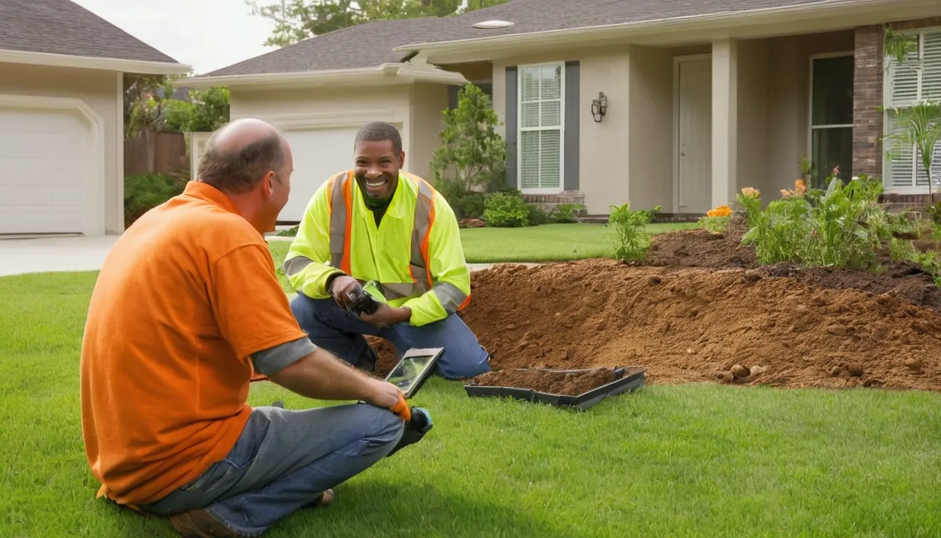 Independent provider reviewing a sewer camera inspection with a homeowner in a Birmingham front yard
